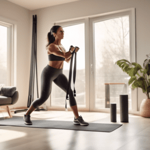 A highly detailed image of a person performing a home workout in a clean, modern living room equipped with minimal fitness equipment like resistance bands,