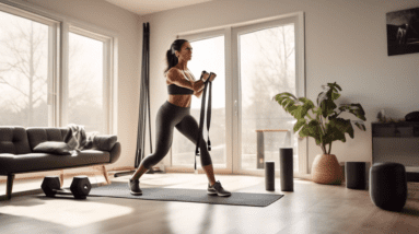 A highly detailed image of a person performing a home workout in a clean, modern living room equipped with minimal fitness equipment like resistance bands,