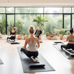 A serene, modern studio with large windows overlooking a lush garden. A group of diverse individuals are in the midst of a Pilates class, focusing on a var