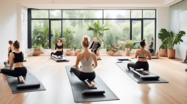 A serene, modern studio with large windows overlooking a lush garden. A group of diverse individuals are in the midst of a Pilates class, focusing on a var