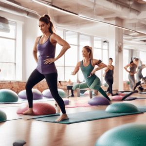 A dynamic scene in a modern, well-lit fitness studio featuring individuals engaged in a core Pilates workout. Participants, dressed in comfortable, colorfu