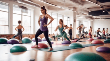 A dynamic scene in a modern, well-lit fitness studio featuring individuals engaged in a core Pilates workout. Participants, dressed in comfortable, colorfu