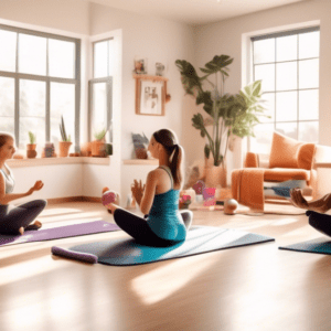 A cozy living room transformed into a workout space where a mom and dad are exercising together. The mom is doing yoga poses on a mat while the dad is lift