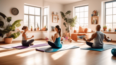 A cozy living room transformed into a workout space where a mom and dad are exercising together. The mom is doing yoga poses on a mat while the dad is lift