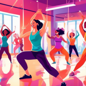 A vibrant scene featuring a group of people energetically dancing in a well-lit, modern fitness studio. They are following a lively dance workout routine l