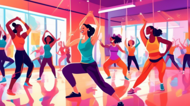 A vibrant scene featuring a group of people energetically dancing in a well-lit, modern fitness studio. They are following a lively dance workout routine l