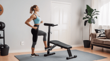 A person performing various calf exercises such as standing calf raises, seated calf raises with improvised weights, and stair calf raises at home, with a