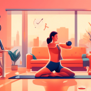 A vibrant scene showcasing a person squeezing in different forms of exercise throughout a busy day: doing yoga at sunrise in their living room, taking a br