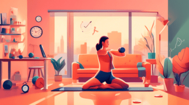 A vibrant scene showcasing a person squeezing in different forms of exercise throughout a busy day: doing yoga at sunrise in their living room, taking a br