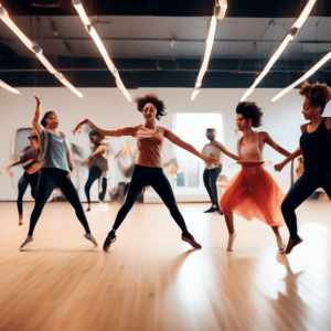 A diverse group of people in a modern dance studio, energetically performing high-intensity dance exercises. They exhibit a range of dynamic movements, fro