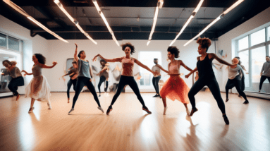 A diverse group of people in a modern dance studio, energetically performing high-intensity dance exercises. They exhibit a range of dynamic movements, fro