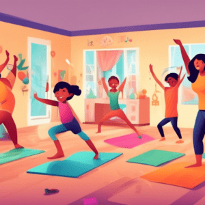 Parents engaging in fun workout routines with their kids at home, including activities such as yoga, jumping jacks, and playful stretching exercises. The s