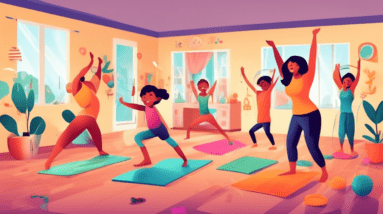 Parents engaging in fun workout routines with their kids at home, including activities such as yoga, jumping jacks, and playful stretching exercises. The s