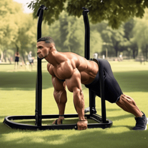 An image of a fit person with impressively large biceps, performing bodyweight exercises like push-ups, tricep dips using a sturdy chair, and resistance ba