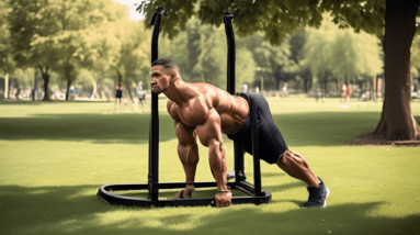 An image of a fit person with impressively large biceps, performing bodyweight exercises like push-ups, tricep dips using a sturdy chair, and resistance ba