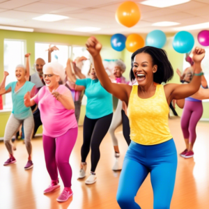 A vibrant, energetic scene of a diverse group of people of all ages having fun in a cardio dance class. The room is filled with bright, colorful decoration