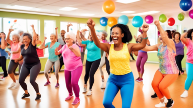 A vibrant, energetic scene of a diverse group of people of all ages having fun in a cardio dance class. The room is filled with bright, colorful decoration