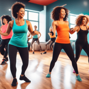 A vibrant, energetic fitness studio filled with diverse group of beginners enjoying a dance workout class. They are following a lively instructor, moving t