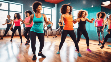 A vibrant, energetic fitness studio filled with diverse group of beginners enjoying a dance workout class. They are following a lively instructor, moving t