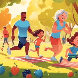 A dynamic scene showing a family engaging in various fitness activities in a bright, sunny park. The parents are happily leading by example, with the fathe