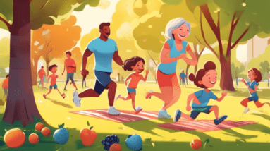 A dynamic scene showing a family engaging in various fitness activities in a bright, sunny park. The parents are happily leading by example, with the fathe