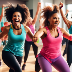 A vibrant, energetic scene featuring a group of diverse people in a high-intensity dance fitness class. The participants are actively moving, jumping, and