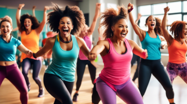 A vibrant, energetic scene featuring a group of diverse people in a high-intensity dance fitness class. The participants are actively moving, jumping, and