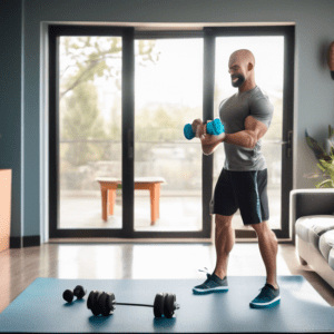 A man in a tidy living room, dressed in workout clothes, uses resistance bands attached to a door to perform bicep curls. Nearby, a set of lightweight dumb