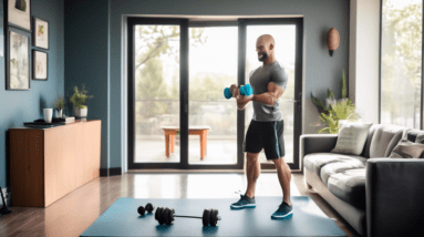 A man in a tidy living room, dressed in workout clothes, uses resistance bands attached to a door to perform bicep curls. Nearby, a set of lightweight dumb