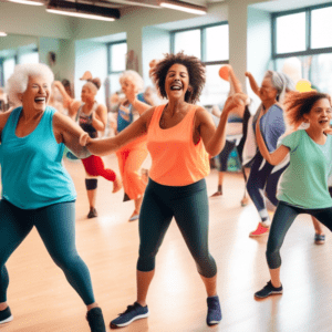 A vibrant scene of people of different ages and backgrounds energetically participating in a dance cardio class, with smiles and a sense of joy on their fa