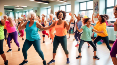 A vibrant scene of people of different ages and backgrounds energetically participating in a dance cardio class, with smiles and a sense of joy on their fa