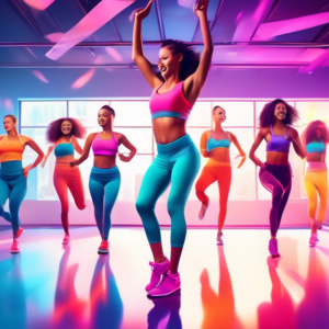 A vibrant scene of a group of people in colorful athletic wear, energetically performing a high-intensity dance workout in a modern studio with large mirro