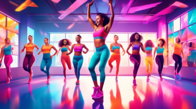 A vibrant scene of a group of people in colorful athletic wear, energetically performing a high-intensity dance workout in a modern studio with large mirro