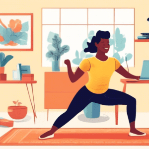 A bright, cheerful illustration showcasing easy exercises you can do in a small living room or office. The scene should include a person smiling as they pe