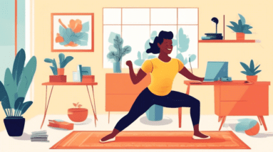 A bright, cheerful illustration showcasing easy exercises you can do in a small living room or office. The scene should include a person smiling as they pe