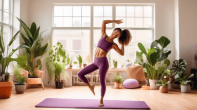 A vibrant scene of a cozy living room transformed into a dynamic dance workout space. A cheerful person in activewear is energetically following a dance ro