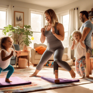 A cheerful scene in a cozy living room where two parents are engaging in a no-equipment workout routine while their young children play nearby. The parents