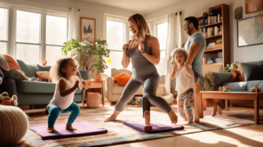 A cheerful scene in a cozy living room where two parents are engaging in a no-equipment workout routine while their young children play nearby. The parents