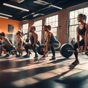 A high-energy fitness studio filled with natural light, showing an intense leg and glute workout in progress. The scene captures men and women performing e