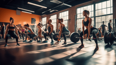 A high-energy fitness studio filled with natural light, showing an intense leg and glute workout in progress. The scene captures men and women performing e