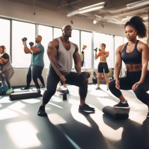 A brightly lit gym with a diverse group of people engaged in a full-body workout routine. Show beginners using various equipment such as dumbbells, resista