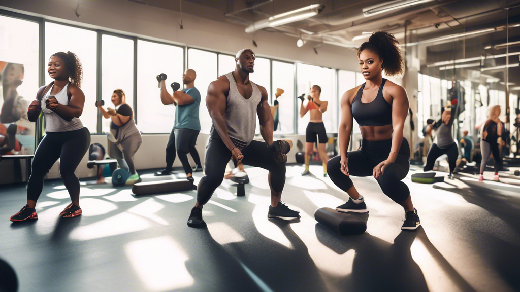 A brightly lit gym with a diverse group of people engaged in a full-body workout routine. Show beginners using various equipment such as dumbbells, resista