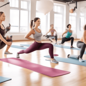 Create an image of a beginner-friendly leg and glute workout session in a bright, airy gym. The scene should include a cheerful fitness instructor demonstr