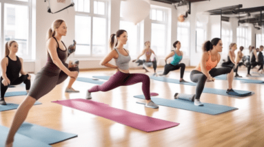 Create an image of a beginner-friendly leg and glute workout session in a bright, airy gym. The scene should include a cheerful fitness instructor demonstr