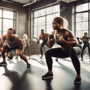 A dynamic and energetic gym scene featuring a diverse group of individuals performing a variety of full-body exercises. Participants are engaged in activit