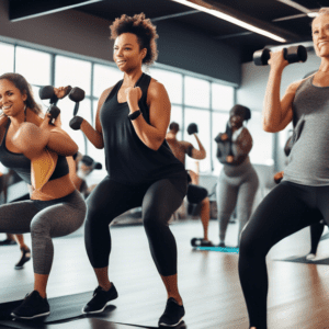 A group of diverse individuals engaging in a full-body toning workout session in a spacious, modern gym. They are using various equipment such as dumbbells