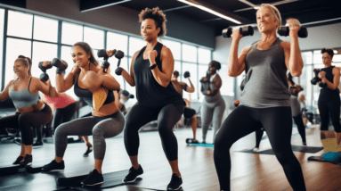 A group of diverse individuals engaging in a full-body toning workout session in a spacious, modern gym. They are using various equipment such as dumbbells