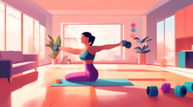 A person performing a full-body workout at home, surrounded by minimal gym equipment such as dumbbells, resistance bands, and a yoga mat in a clean, modern