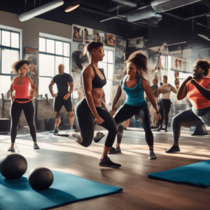 A high-energy scene in a modern gym with diverse individuals engaging in various full-body workout exercises, such as squats, lunges, push-ups, burpees, an