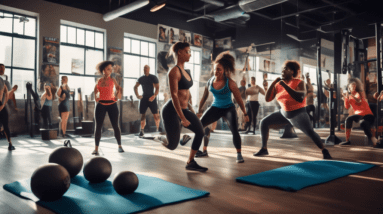 A high-energy scene in a modern gym with diverse individuals engaging in various full-body workout exercises, such as squats, lunges, push-ups, burpees, an